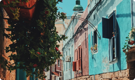 view of colorful old building walls